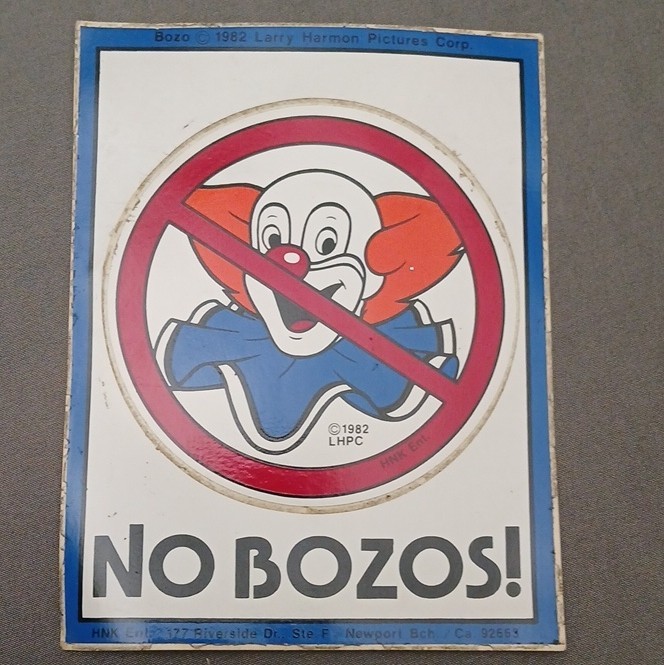 Vintage 1982 No Bozos Sticker Larry Harmon Skate BMX Clown LHPC Decal