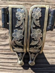 Western Ball End Spurs – Black Iron and Silver Floral