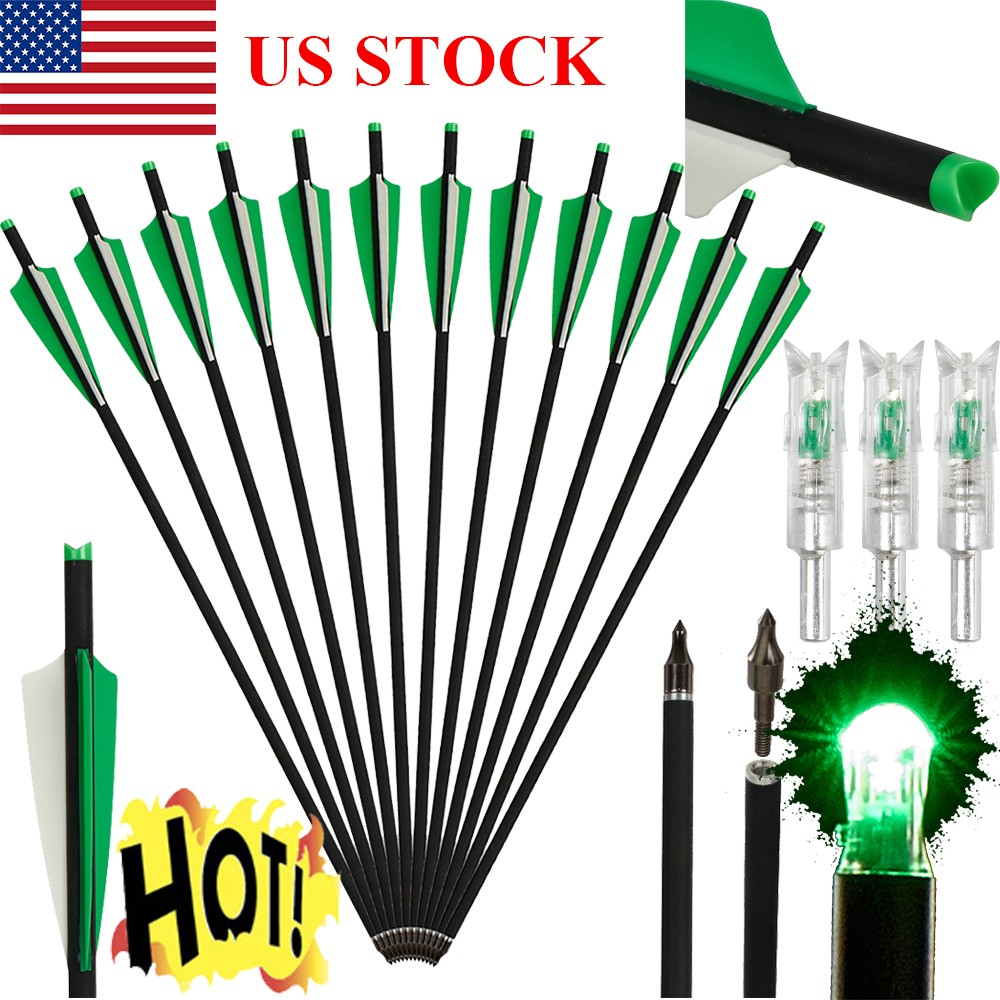 20» 12x Crossbow Bolts Carbon Shafts ID 7.6mm/3 x Lighted Nocks Archery Hunting