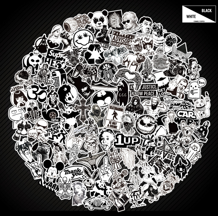 100 Black N White Skateboard Sticker bomb Laptop Luggage Decals Dope Sticker Lot