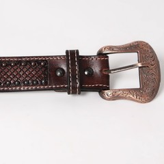 BE BAR H EQUINE Red Beaded Black Crystal Hand Carved Western Leather Belt