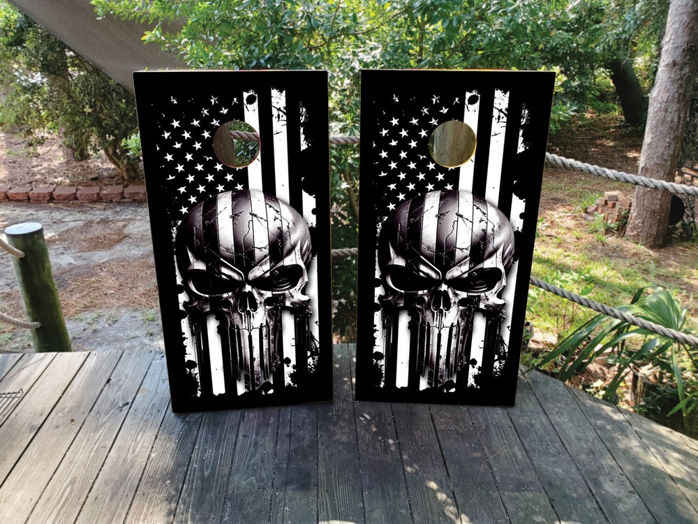 WATERPROOF & NON-FADING B&W Skull US Flag Cornhole Board Wraps / Skins (Hunting)
