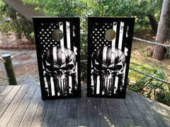 WATERPROOF & NON-FADING B&W Skull US Flag Cornhole Board Wraps / Skins (Hunting)