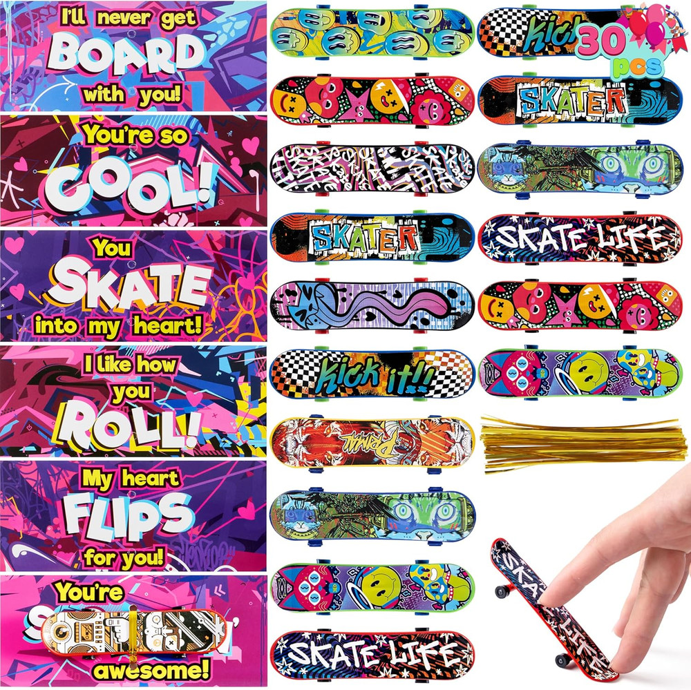 30 Packs Valentine’S Day Mini Finger Skateboards with Cards, Classroom Exchange