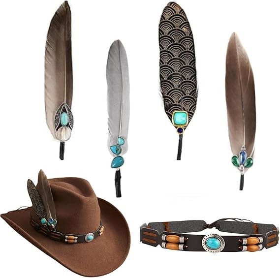 5Pcs Cowboy Hat Band with Feathers Set Hat Feathers for Cowboy Hats Turquoise
