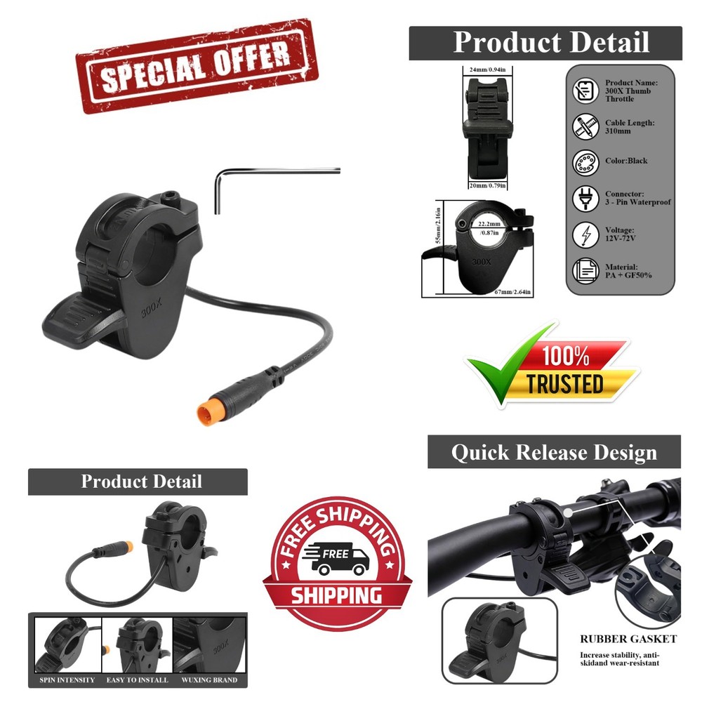 E-Bike Thumb Throttle 300X,Waterproof Ebike Throttle 3 Pin for 7/8inch 22mm L…