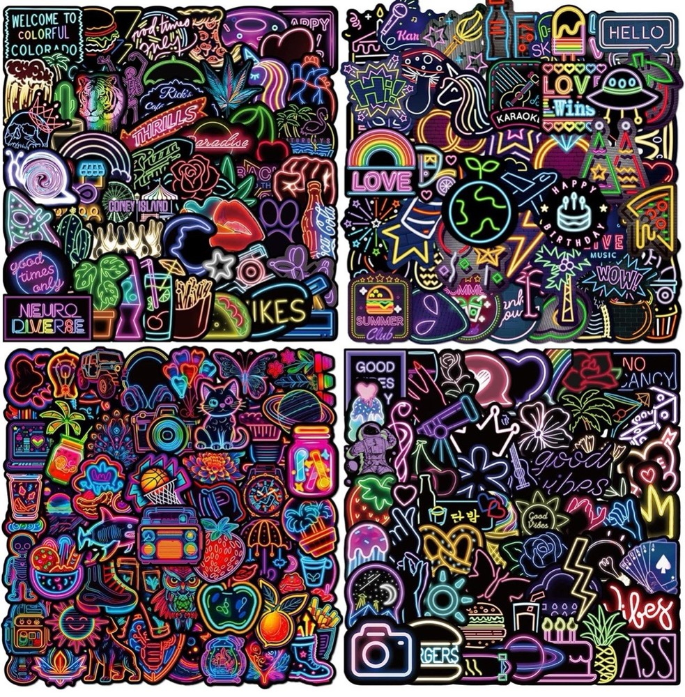 50Pcs Random Cool Neon Waterproof Vinyl Stickers For Water Bottle Laptop