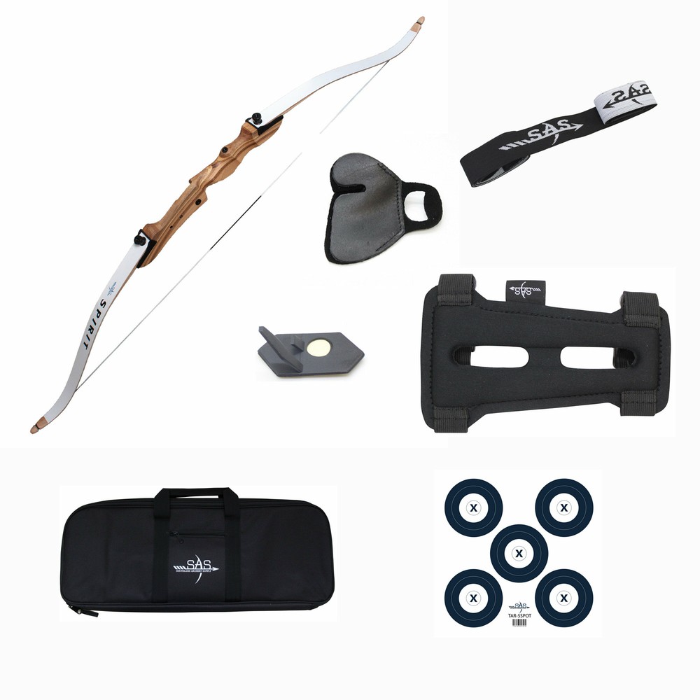 SAS 62″ Spirit Youth Bow Package-Case, Finger Tab, Quiver, Stringer, Arm Guard