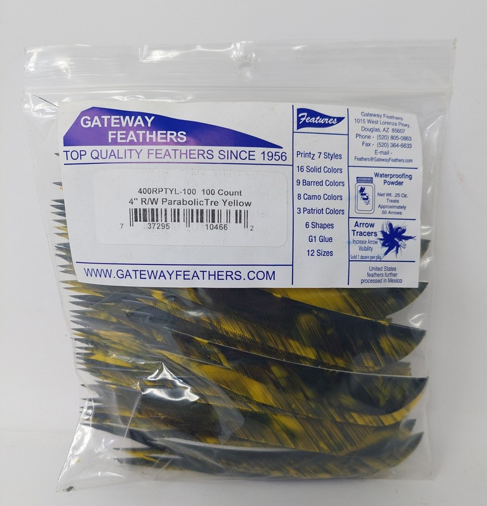 100pk Gateway Feathers 4″ Right Wing: Parabolic Tre Yellow 400RPTYL-100