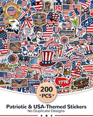 Patriotic Stickers Pack – 200 PCS Waterproof Vinyl USA Die Cut Stickers – Americ