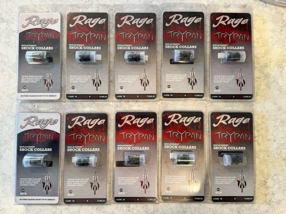 LOT OF 10 Rage 2-Blade Expandible Broadhead Hypodermic TRYPAN Shock Collars 20pk