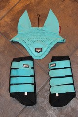 LeMieux Blue Crochet Fly Veil / Ear Bonnet for Horse w/ matching brush boots