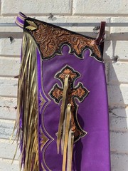 Handcrafted Purple Leather Rodeo Chaps with Gold Fringe and Floral Tooled Cross