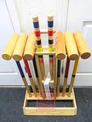 Orvis Croquet Set Rolling Caddy 6-Player Wood Croquet Set w/ 6 Mallets NO BALLS