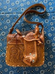 Vintage Leather Horse Saddle Crossbody Shoulder Bag Tooled Western