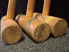 Set Of 3 Vintage Replacement Wooden Croquet Mallets 23” Handle Red, Yellow, Blue