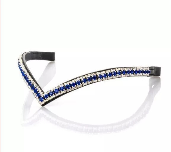 Navy Blue & White Leather Three Row Crystal Brow-Band For Horse bridle.