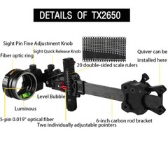 Compound Bow Sight 5Pin 0.019″ Archery 4X 6X 8X Lens Carbon Rod Adjustable RH LH