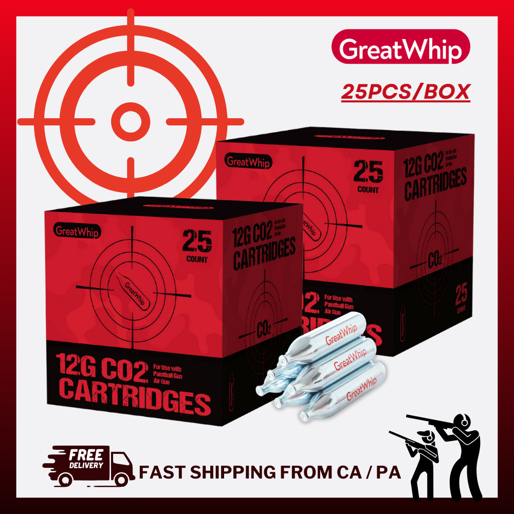 12G CO2 CARTRIDGE AIRSOFT BB GUN PAINTBALL NON-THREADED GreatWhip 25 PACK NEW