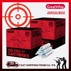 12G CO2 CARTRIDGE AIRSOFT BB GUN PAINTBALL NON-THREADED GreatWhip 25 PACK NEW