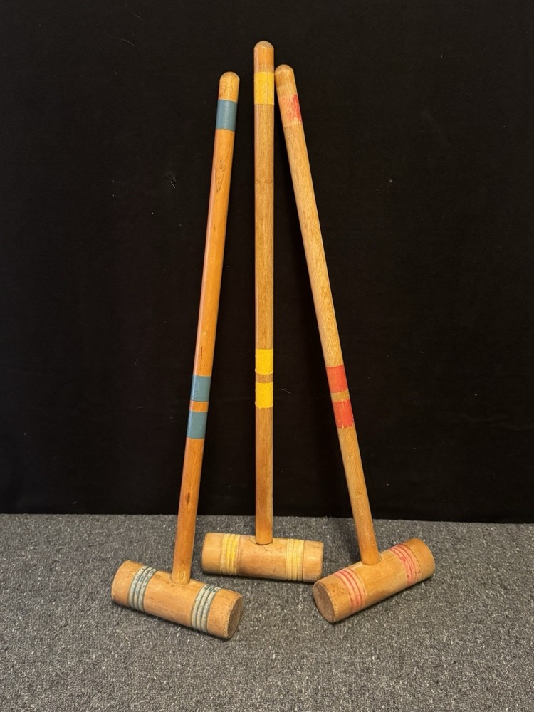 Set Of 3 Vintage Replacement Wooden Croquet Mallets 23” Handle Red, Yellow, Blue