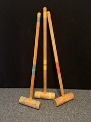 Set Of 3 Vintage Replacement Wooden Croquet Mallets 23” Handle Red, Yellow, Blue