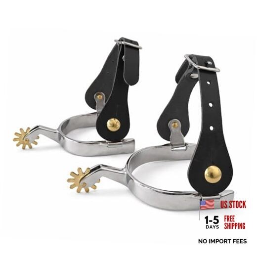 High-Polished Finish Stainless Steel Western Spurs with Leather Straps Black
