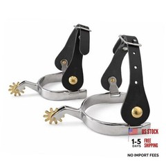 High-Polished Finish Stainless Steel Western Spurs with Leather Straps Black