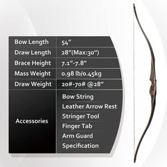 54″ Archery Traditional Recurve Bow Longbow 20-70lbs Handmade Wooden Bow Hunting