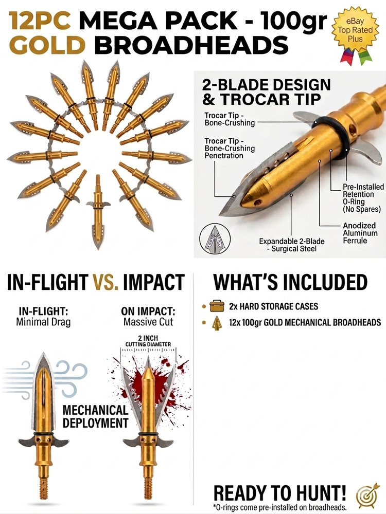 12 Pack 100gr 2-Blade Mechanical Broadheads for Compound Bow Crossbow Hunting