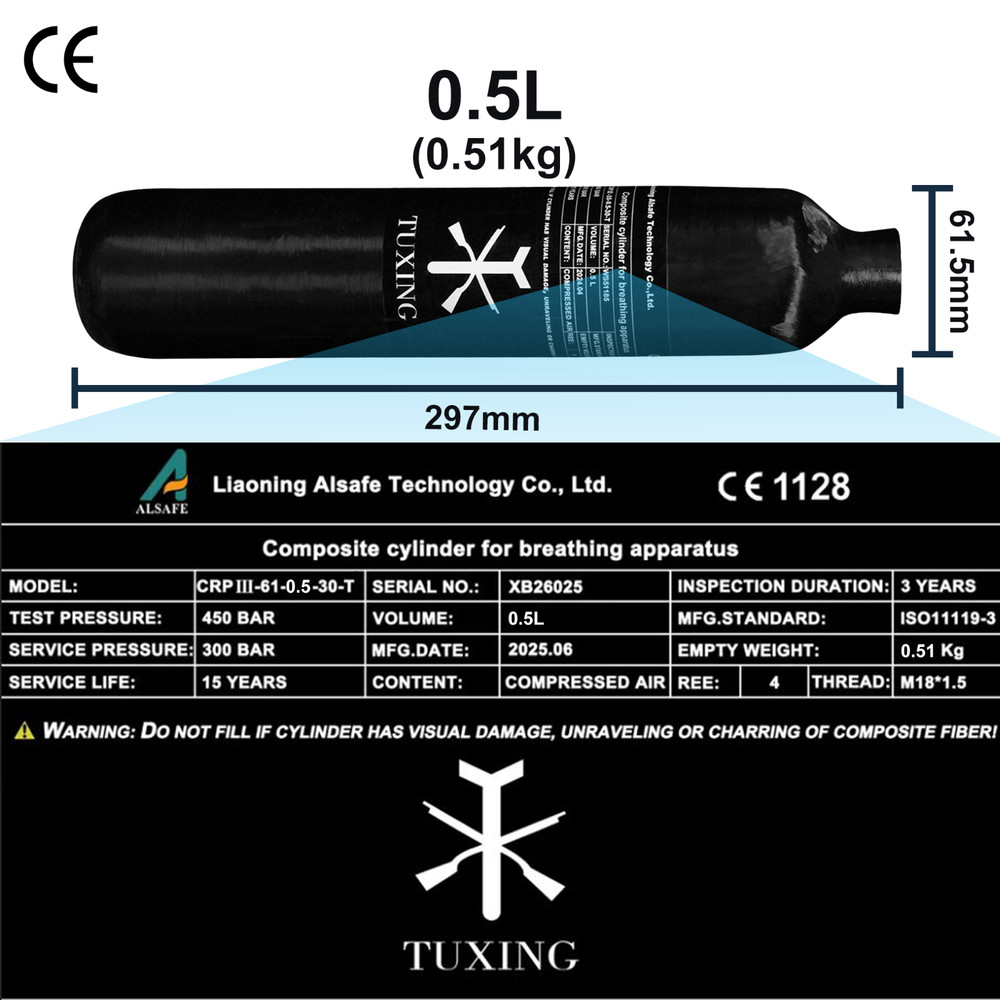 TUXING 4500psi PCP Air Tank,0.5L PCP Carbon Fiber Scuba Cylinder Paintball Tank