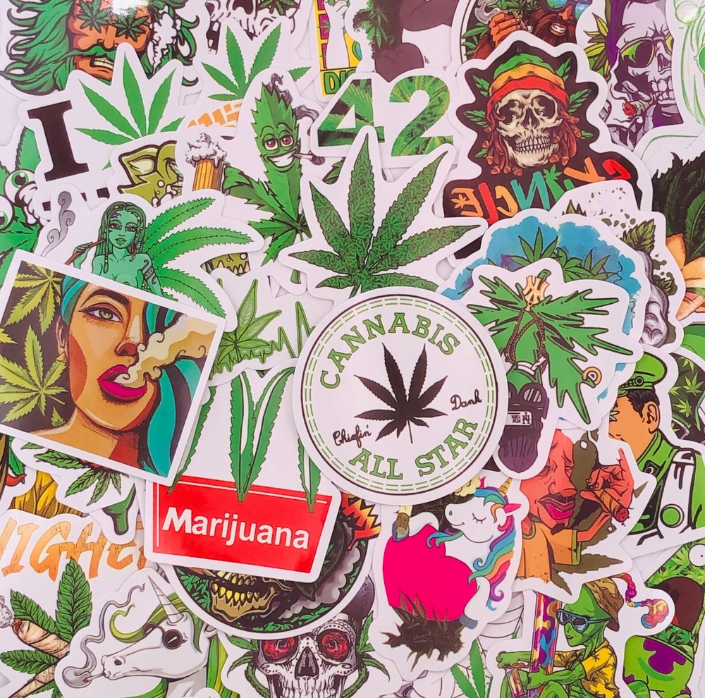 50pcs Weed Stickers Cannabis 420 Green Leaf Smoking Vinyl Decals US Seller