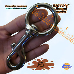 5″ T316 Stainless Steel Bolt action snap hook with 1 1/4″ round swivel eye clip