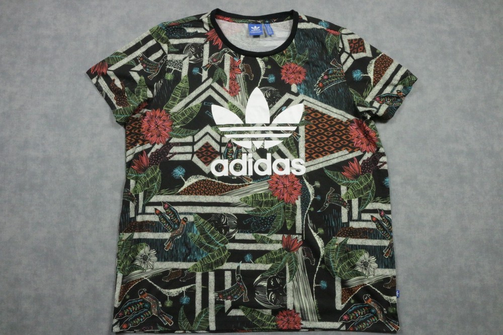 Adidas Shirt Womens XL Black Trefoil Logo Floral Geo Print Graphic Tee