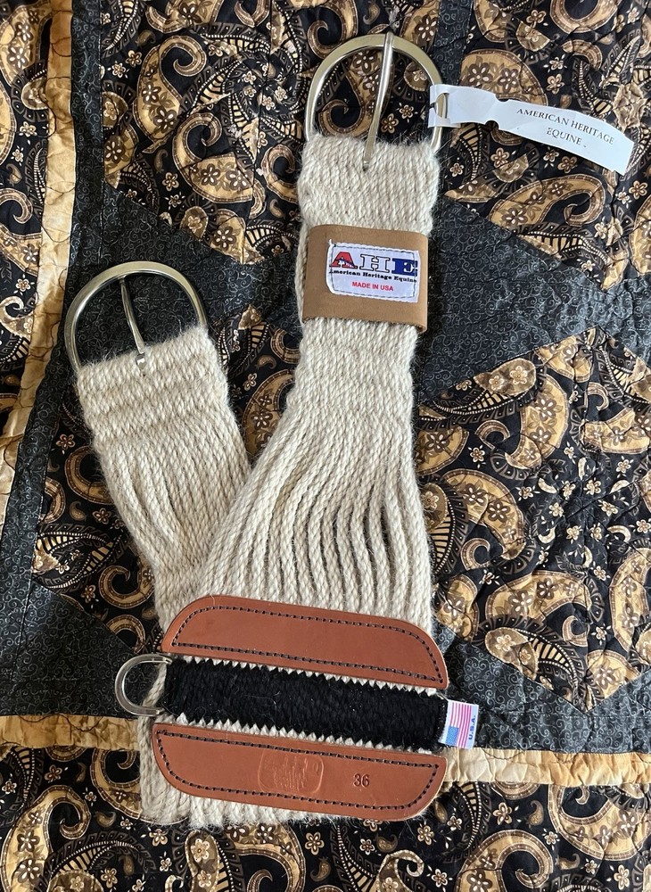 Western Mohair 27 Strand Roper Girth Cinch w/ Leather Middle 36” Made In USA 654