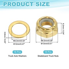 16 Pcs Skateboard Truck Nuts and 16 Pcs Truck Axle Washers, Gold