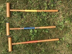 Vintage WOOD CROQUET SET w CADDY metal carrier stand rack rolling lawn game 60s