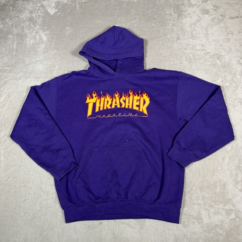 Thrasher Magazine Hoodie Mens M Purple Flames Logo Skateboard Hooded Sweatshirt