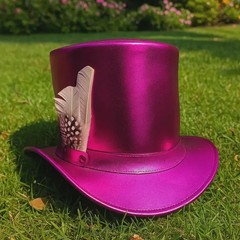 Magenta Leather Top Hat with Feather: Steampunk Gothic Cosplay pink hat western