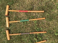 Vintage WOOD CROQUET SET w CADDY metal carrier stand rack rolling lawn game 60s