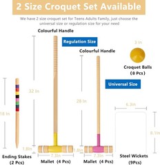 8Players Croquet Set with 32In Regulation|28In Standard Size Rubber Wood Mallets