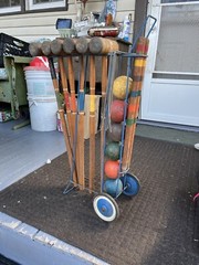 Vintage WOOD CROQUET SET w CADDY metal carrier stand rack rolling lawn game 60s