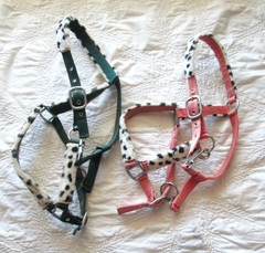 SET OF 2 FLEECE COW PRINT HALTERS, GREEN AVERAGE SIZE, PINK COB SIZE