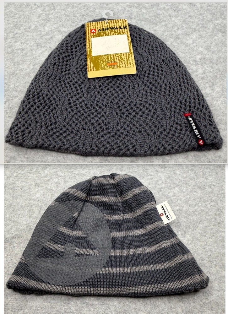 Airwalk Reversible Knit Beanie Gray Striped Logo Teen OSFM NWT