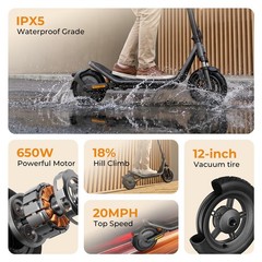650W 12″ Tire Electric Scooter Adults Folding E-Scooter 45km Range 20MPH Commute
