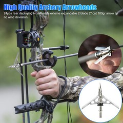 24Pcs 100 Grain Archery Broadheads 2″ Dia Expandable Hunting Arrowhead w/2 Blade