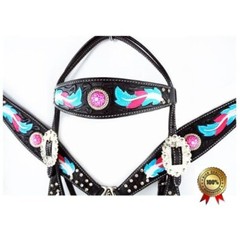 Western Horse Leather Purple & Pink Feather Bridle Breast Collar Tack Set
