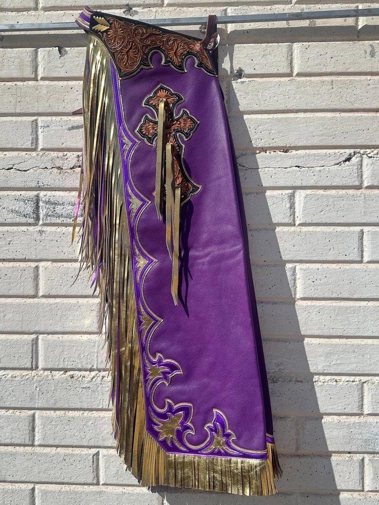 Handcrafted Purple Leather Rodeo Chaps with Gold Fringe and Floral Tooled Cross