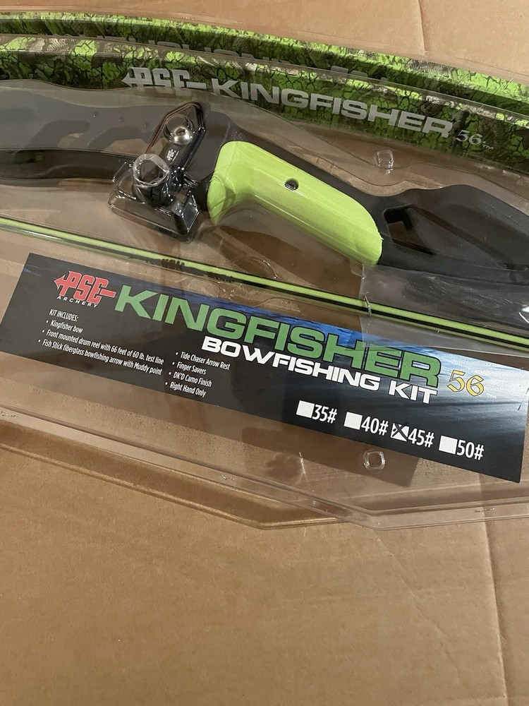 PSE BOWFISHING KIT KINGFISHER 56″ 45# RH GREEN DK’D Camo Open Box *read*