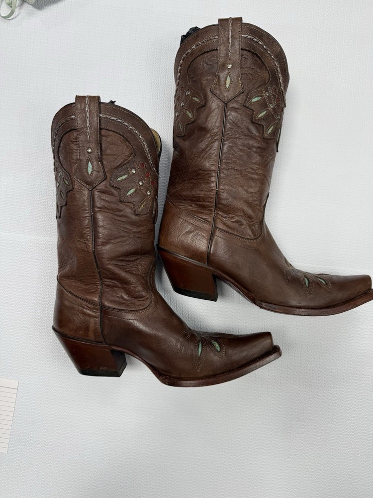 Tony Lama Brown Leather Western Cowboy Boots Embroidery Pointed Toe US 8.5
